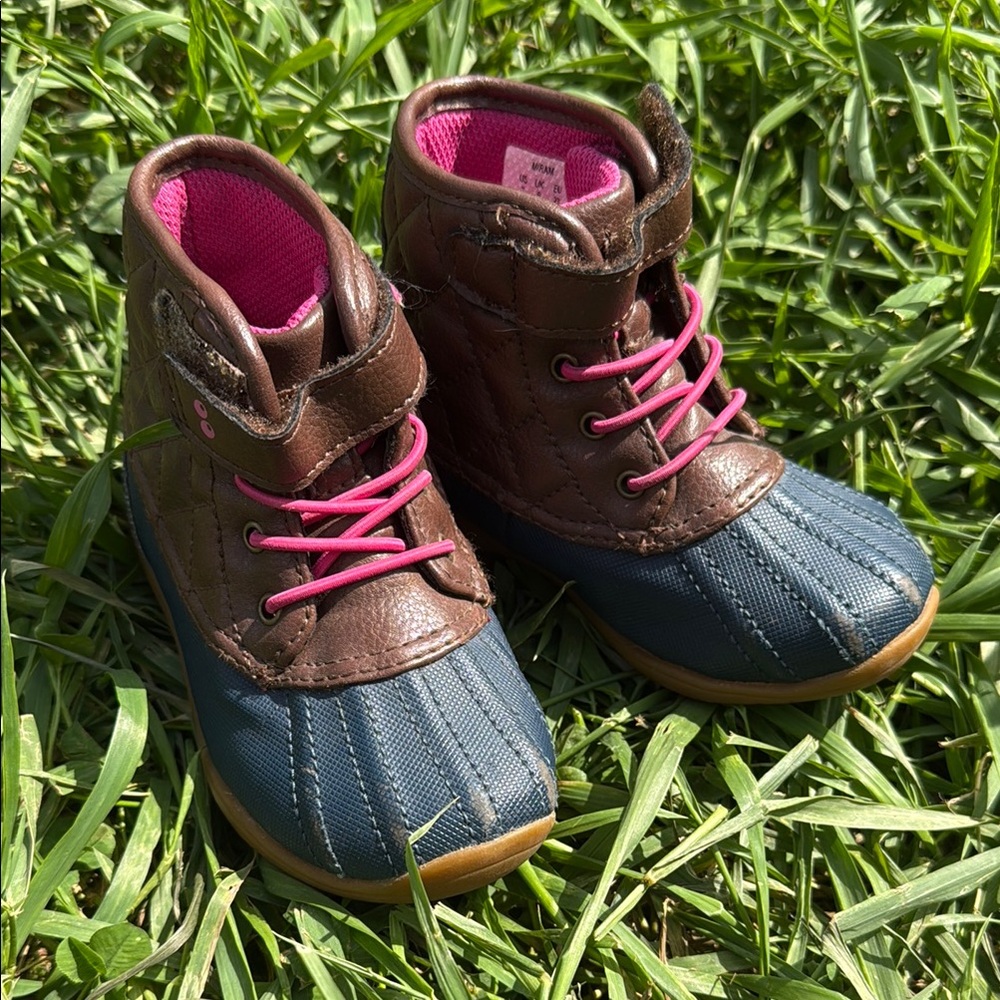 Brown and Blue Kids Shoes with Pink Accents